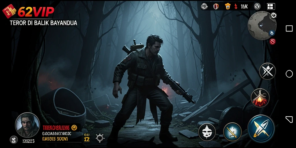 Screenshot gameplay 62VIP menunjukkan suasana mencekam dan penuh ketegangan.