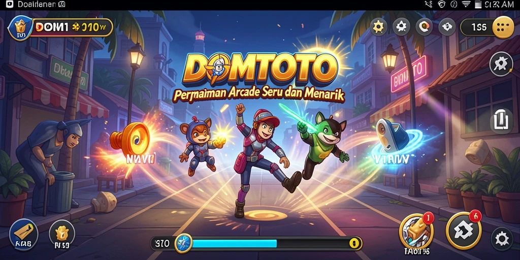 Screenshot menampilkan gameplay seru DOMTOTO dengan tantangan Arcade yang menarik.