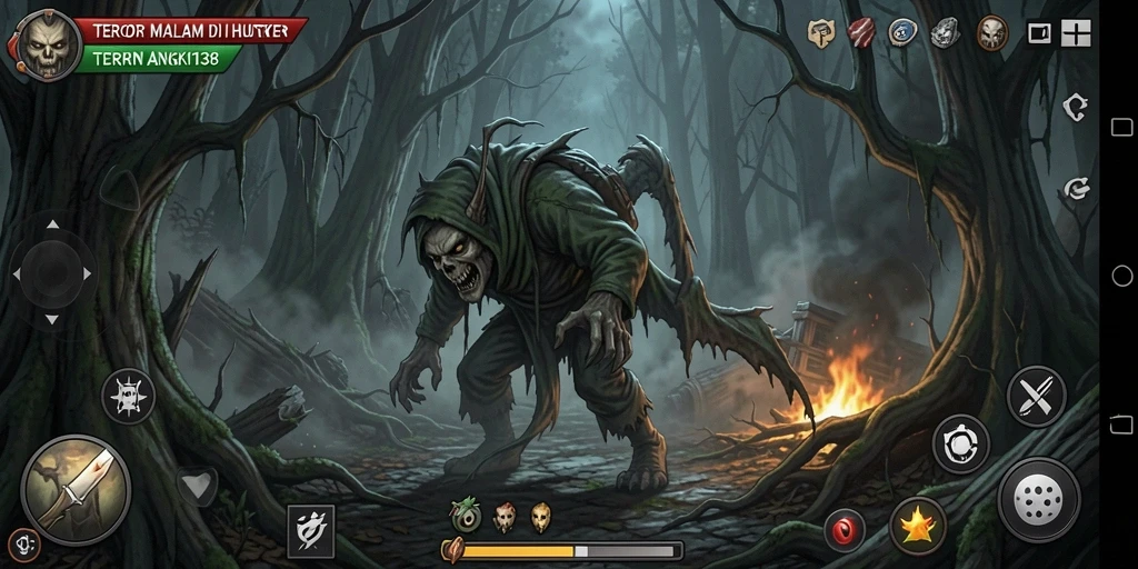 Screenshot gameplay IDRHOKI138 menampilkan suasana menyeramkan di hutan angker.