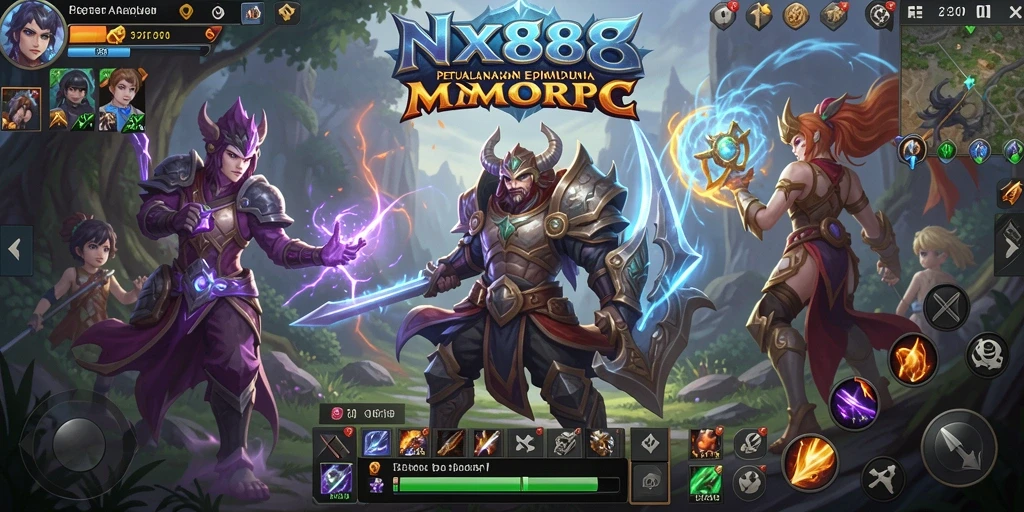 Screenshot gameplay NX888 menampilkan pertempuran seru antara karakter dalam dunia MMORPG.