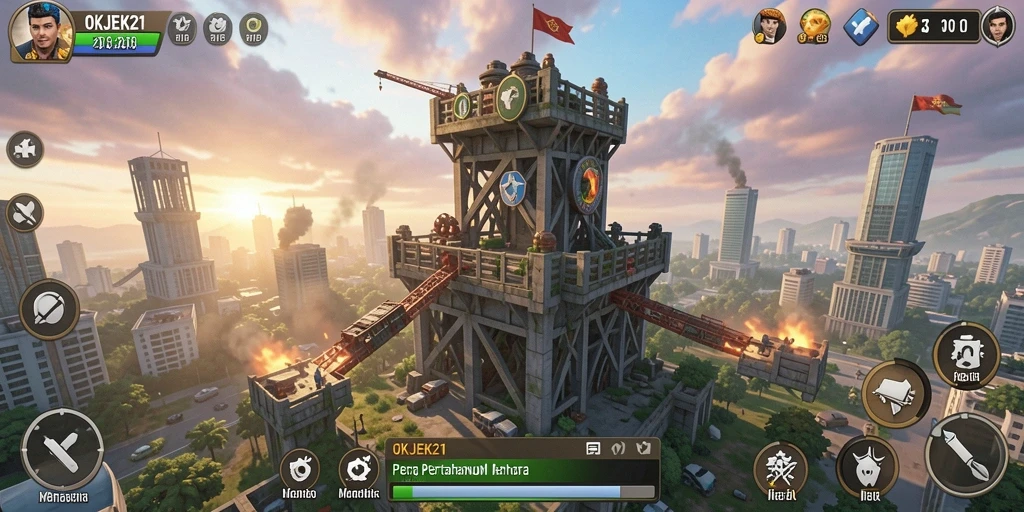 Gameplay OKJEK21 dengan pertahanan menara yang strategis dan intens.