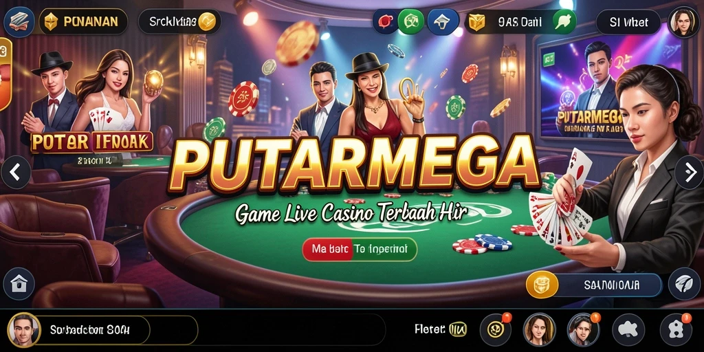 Screenshot PUTARMEGA menampilkan dealer live yang profesional dan gameplay yang mendebarkan.