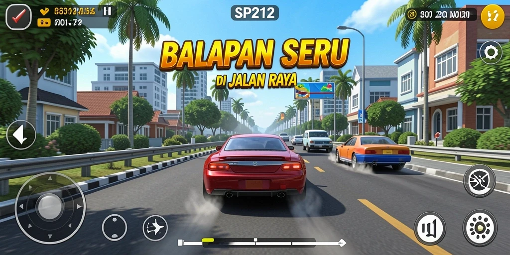 Screenshot gameplay SP212 menampilkan balapan seru dengan mobil yang melesat.